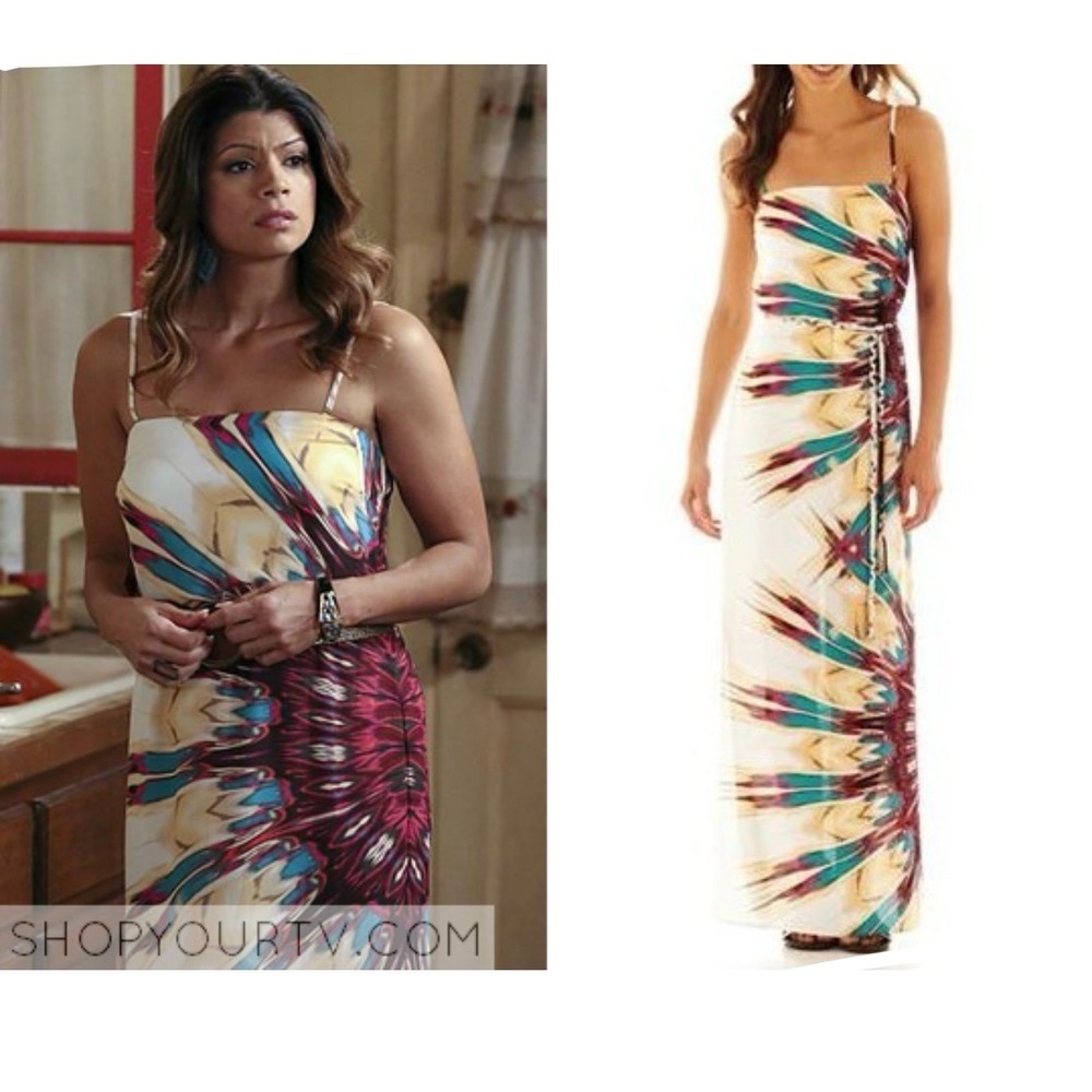 NEW Bisou Bisou Off White Colorful Maxi Dress Side Slits Seen on TV Women's 16